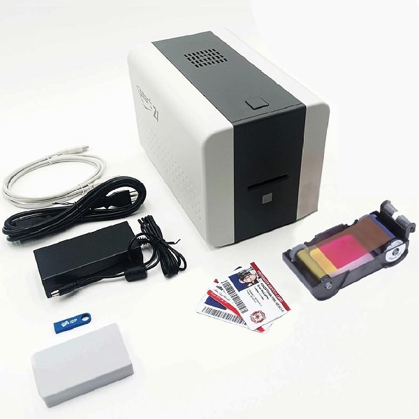 IDP SMART-21SK-EZ ID Card Simplex Printer Kit, Includes printer, YMCKO color ribbon, 100 PVC cards, PC-only software