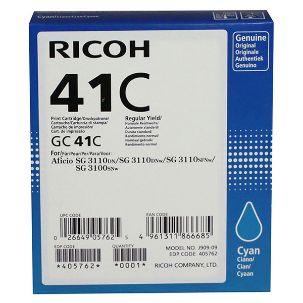 Ricoh Aficio SG 3100SNw, 3110DN, 3110DNw, 3110SFNw, 7100DN Cyan Ink Cartridge (2,200 Yield) (Type GC41C)