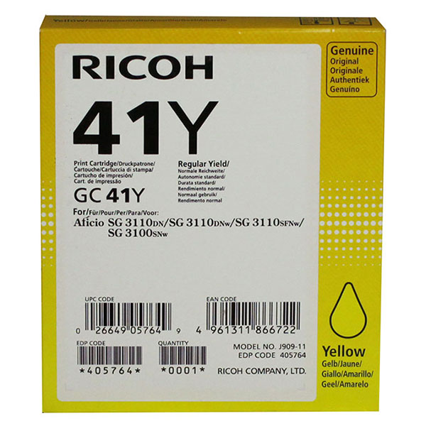 Ricoh Aficio SG 3100SNw, 3110DN, 3110DNw, 3110SFNw, 7100DN Yellow Ink Cartridge (2,200 Yield) (Type GC41Y)