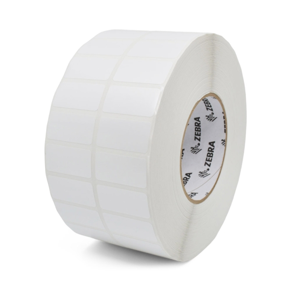 Zebra TT Label (Gloss Polyester) (1.5" x 0.75") Z-Ultimate 2000T (3 Across) (3" Core) (10000/Roll) (1 Roll/Ctn) (Perf) (8" Outer) (Value Coated) (High Performance Perm Acrylic Adhesive) (Pearl White)