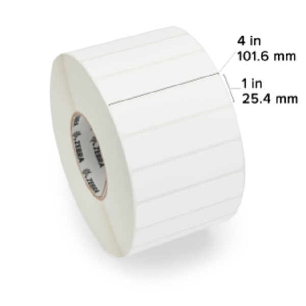 Zebra Thermal Transfer Label Paper (4" x 1") Z-Select 4000T (3" Core) (4970/Roll) (4 Rolls/Ctn) (Top Coated Paper) (Perforated) (8" Outer) (Permanent Acrylic Adhesive) (White)