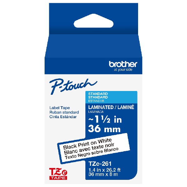 Brother 36mm (1 1/2") Black on White Laminated Tape (8m/26.2') (1/Pkg) For use in TZ P-Touch: PT-530, 550, 3600, 9200DX, 9200PC, 9400, 9500PC, 9600 Only
